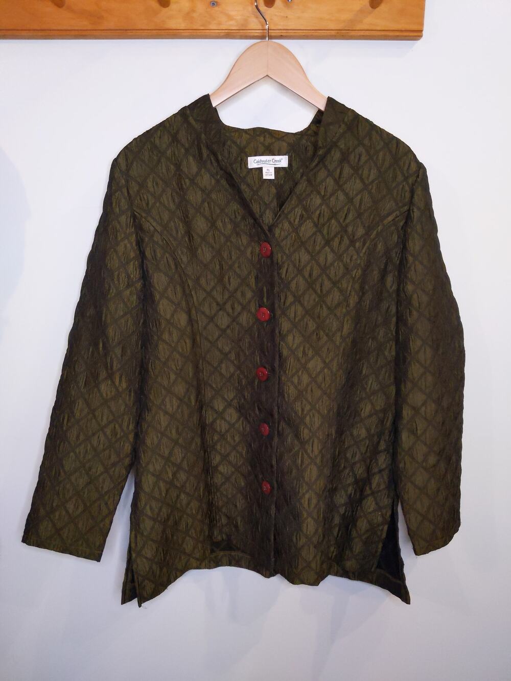 Coldwater Creek Women PL Olive Green Quilted Jacket Diamond Pattern Button Front